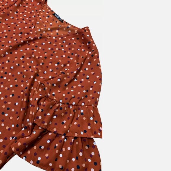 Cure women's blouse ruffle sleeve brown polka dots fabric size L - Picture 2 of 3